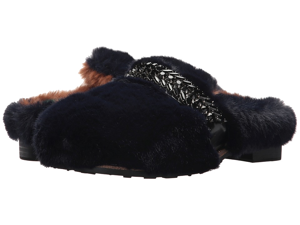 Suecomma Bonnie Jewel Ornament Faux Fur Sandals (Navy) Women