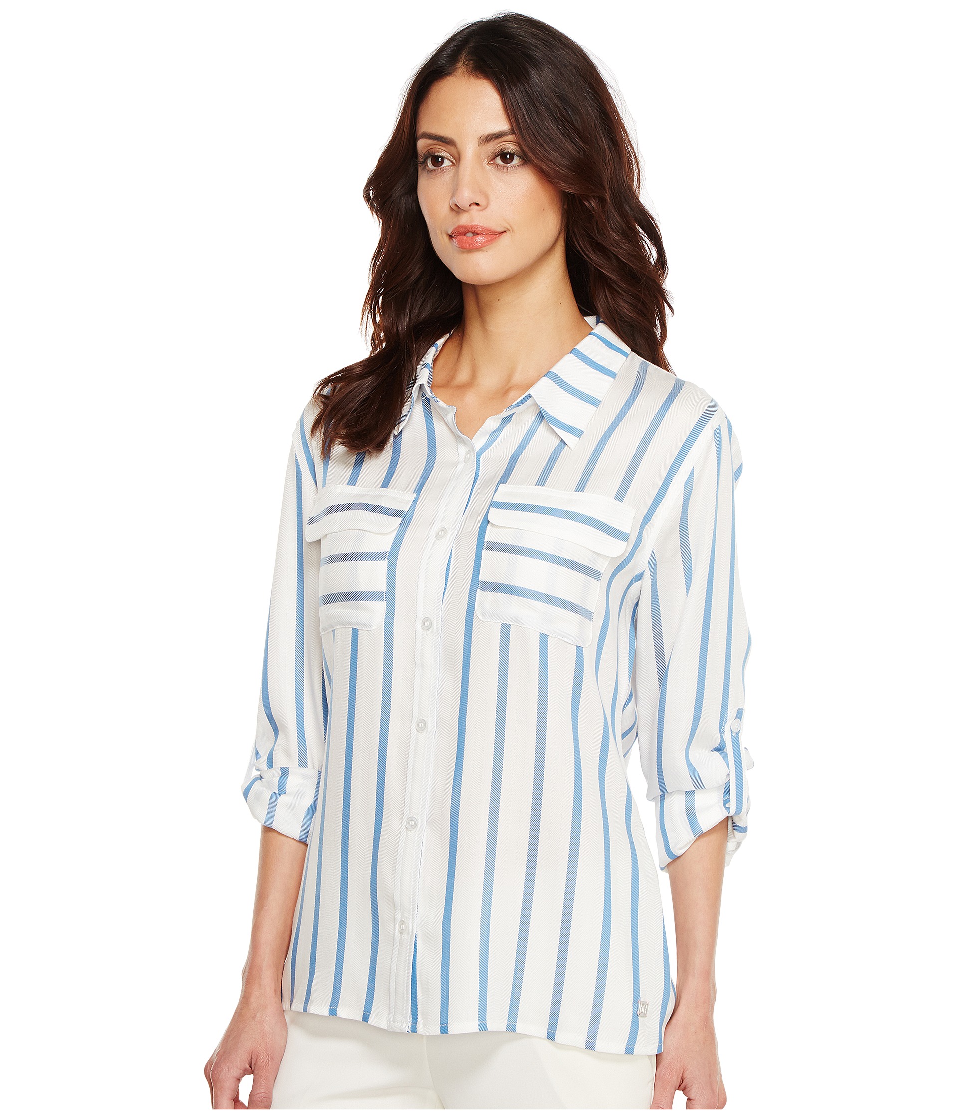 Ivanka Trump Cotton Blend Stripe Long Sleeve Boyfriend Shirt at Zappos.com