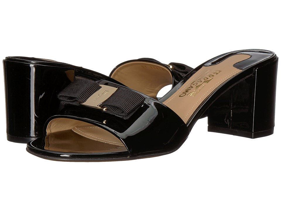 Salvatore Ferragamo Calfskin Mid-Heel Sandal (Nero Patent) High Heels