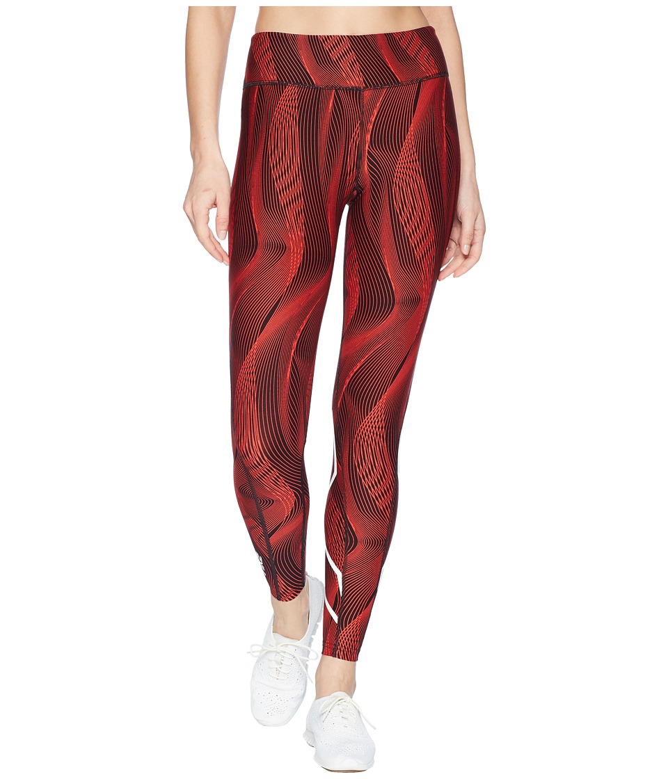2XU - Mid-Rise Print Compression Tights w/ Storage (Tomato Vertical Curve/White) Womens Workout