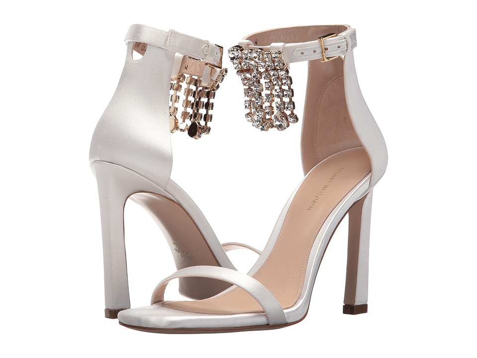 Stuart Weitzman 100fringesquarenudist (White Silk Satin) Women's Shoes