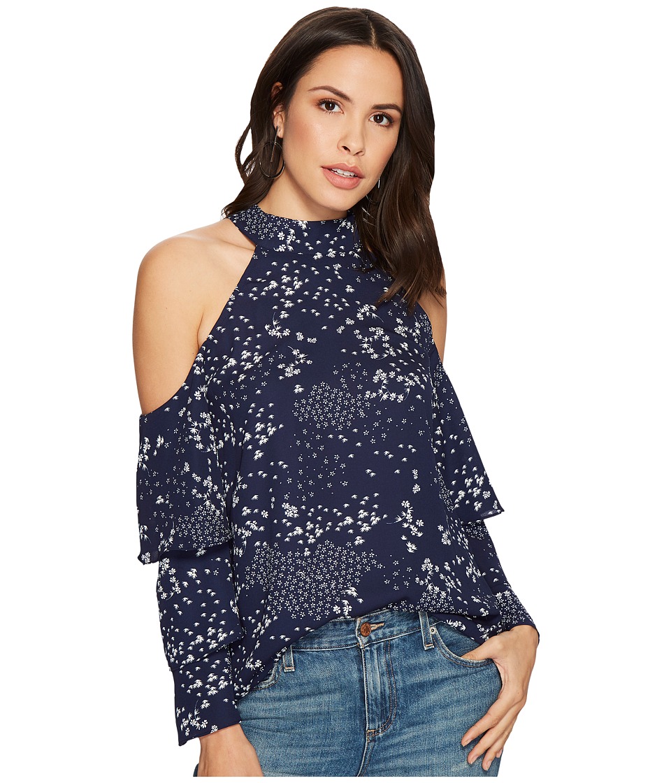 1.STATE - Mock Neck Cold Shoulder Blouse w/ Tiers (Navy Yard) Womens Blouse