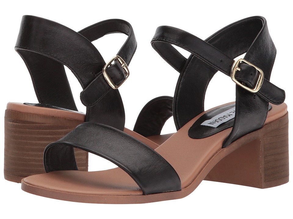 Steve Madden April Block Heel Sandal (Black Leather) Women's Shoes