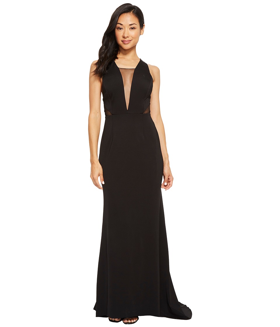Adrianna Papell Petite Long Jersey Gown with Illusion Mesh Inset Detail (Black) Women