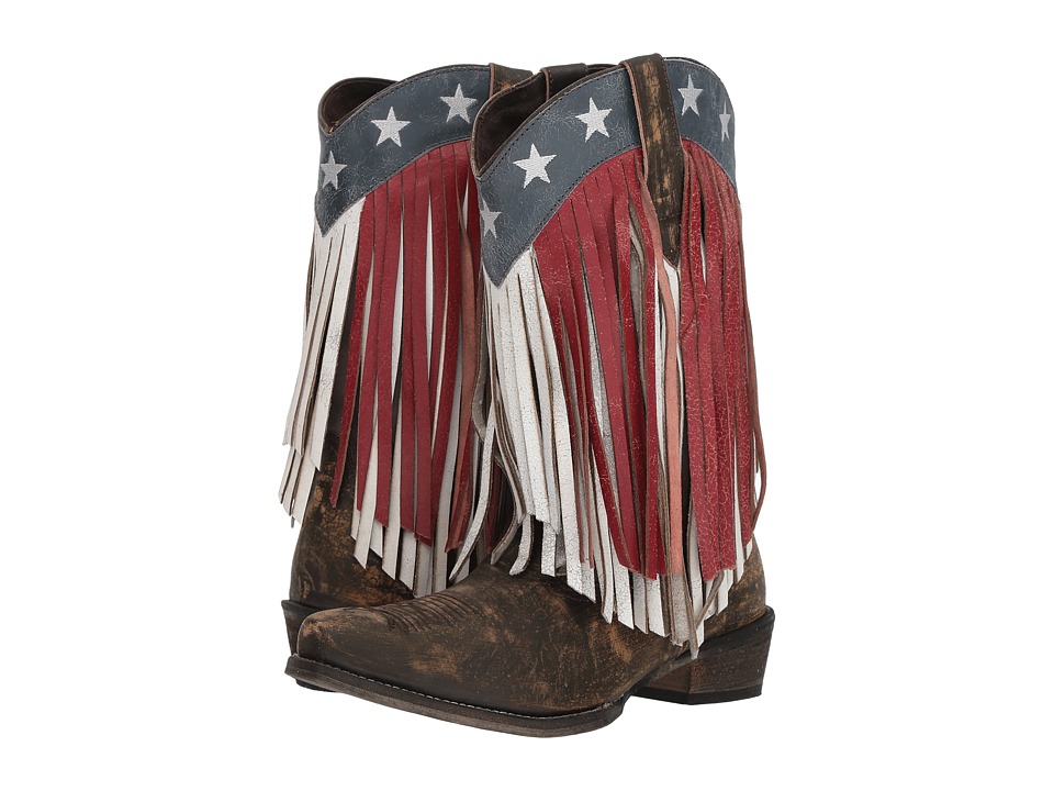 Roper American Beauty Fringe (Sanded Brown Leather/Red & White Fringe) Women's Cowboy Boots