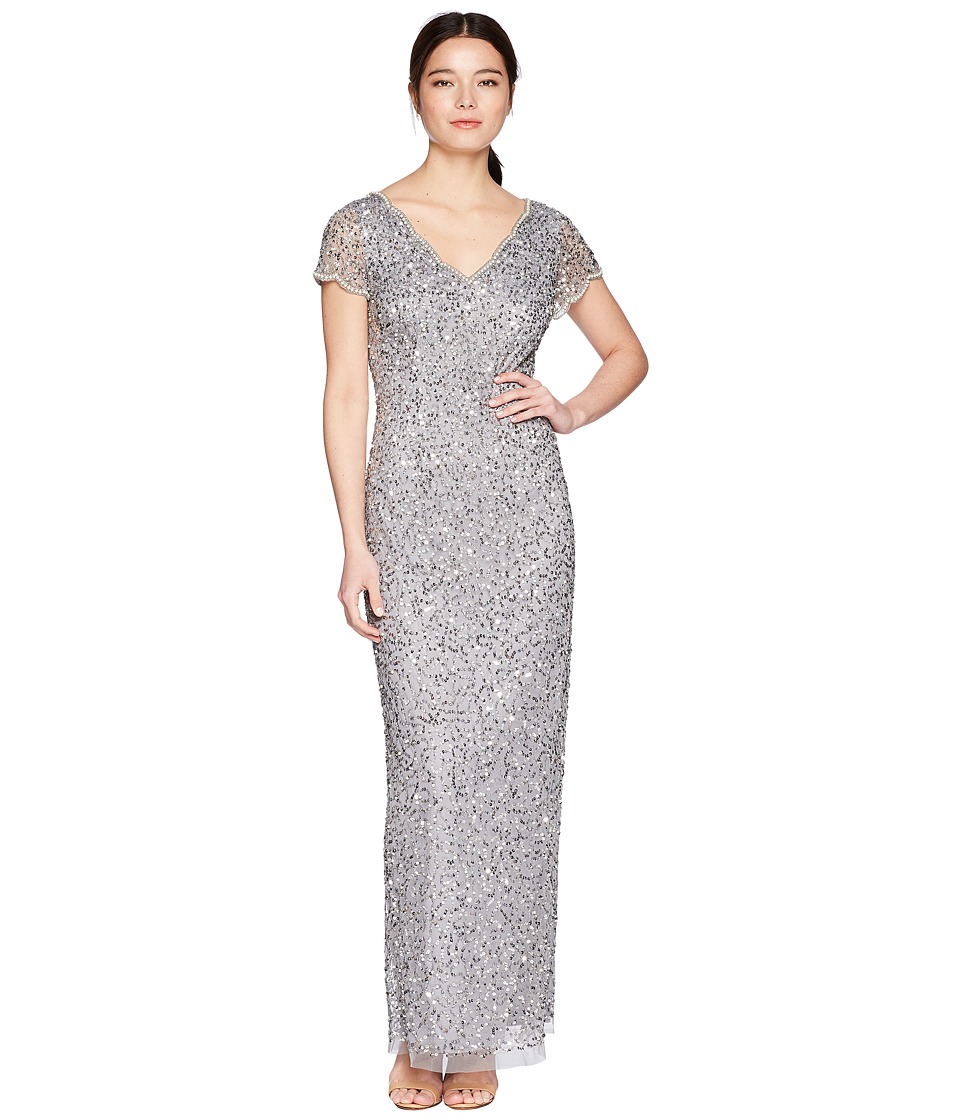 Adrianna Papell Petite Cap Sleeve Fully Beaded Scallop Neck Gown (Silver Grey) Women